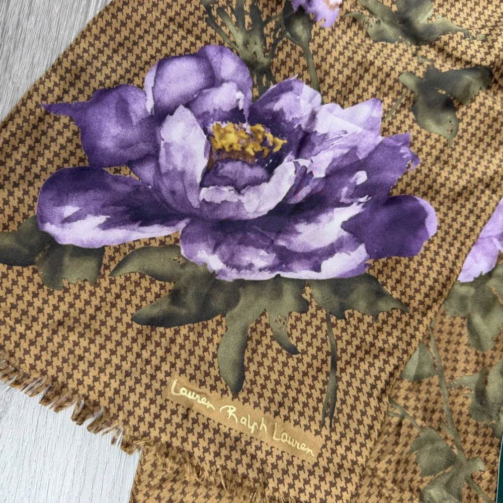 Lauren Ralph Lauren Womens Scarf Silk Floral Houndstooth Brown Purple OS
